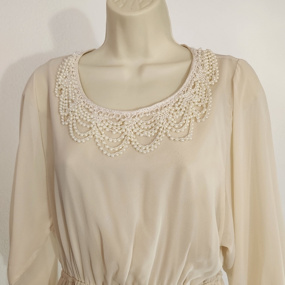 Ing Dress Sheer Overlay And Faux Pearl Strands Collar Long Sleeve Cream Size L - Picture 8 of 15